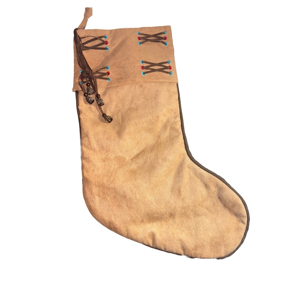 Native American Style Christmas Stocking Tan‎ Red Blue Brown Tassle 17"